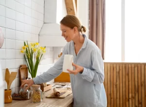 žena pije kávu a chystá si snídani
