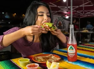 žena jí mexické jídlo